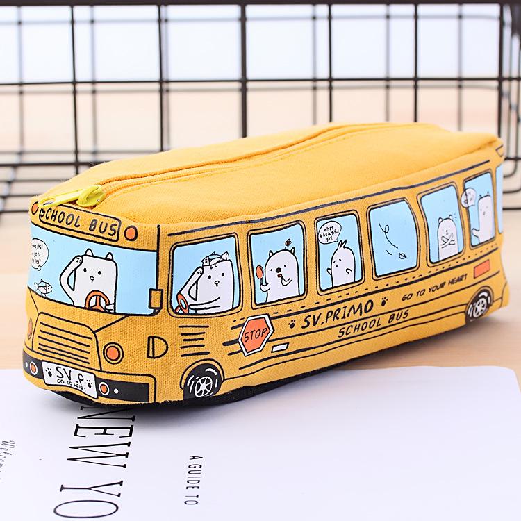 Cartoon Bus Pencil Bag Canvas Large Capacity Car Zipper Pen Pencilcase for Student Stationery School Supplies