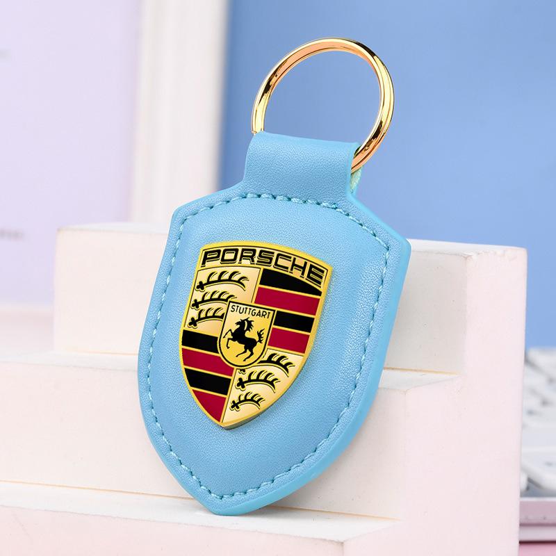 Car Leather Keychain Holder Shield Key Ring Chain Pendant Gifts For Porsche Macan 911 718 Taycan Panamera Cayenne Boxster Cayman