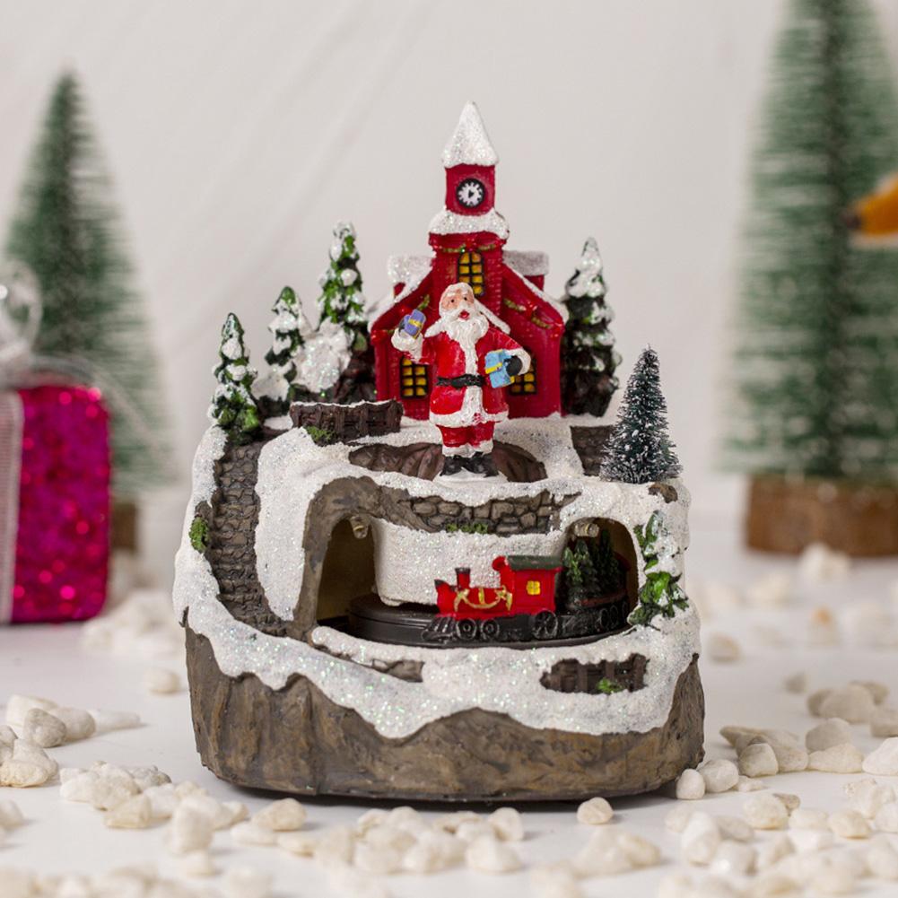 Рождественская деревня из смолы со светодиодными огнями и вращающимся музыкальным поездом, светящийся музыкальный домик, рождественский светящийся орнамент из смолы