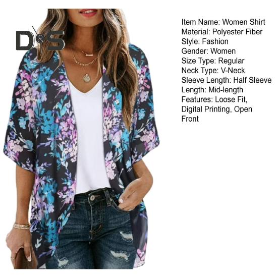 Женская шифоновая рубашка с V-образным вырезом и коротким рукавом с цифровым 3D-принтом, дышащий солнцезащитный кардиган, пальто с открытым передом, пальто средней длины