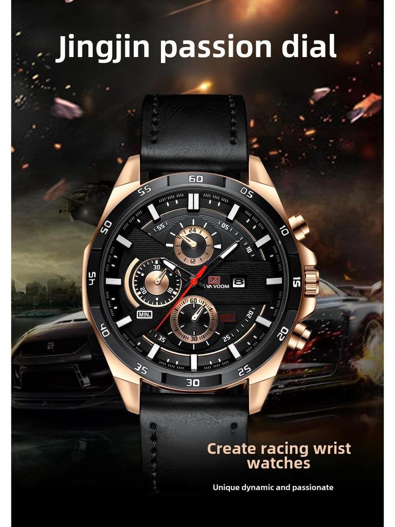 Мужские водонепроницаемые кварцевые часы для спорта на открытом воздухе с календарем и кожаным ремешком