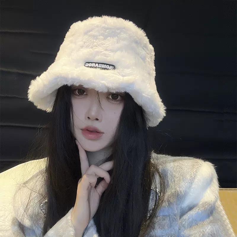 Hairy fisherman hat children autumn and winter velvet warm Internet celebrity versatile plain bucket basin hat tide thickened fashion