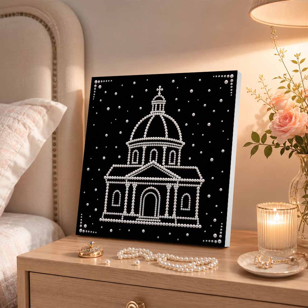DIY Pearl Diamond Painting Set with Frame Church Building 3D Pearl Beads. Home Wall Decor