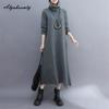 Korean Fashion Autumn Winter Women Midi Dress Turtleneck Black Gray Casual Loose Irregular Dress Long Sleeve Basic Ladies' Dress