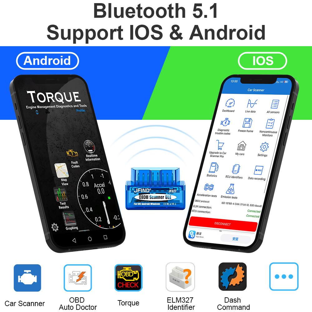 Мини ELM327 Bluetooth 5,1 ELM327 V1.5 для Android/IOS JFIND JF327 BLE Bluetooth считыватель кодов автомобильный диагностический сканер OBD2 PIC18F25K80