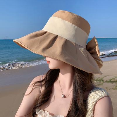Новая шляпа женская двухцветная шляпа от солнца с бантом, летняя шляпа-ведро с защитой от солнца, широкополая шляпа от солнца
