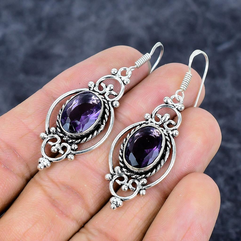 Amethyst Gemstone Handmade 925 Sterling Silver Jewelry Earring 2.21" M-3295