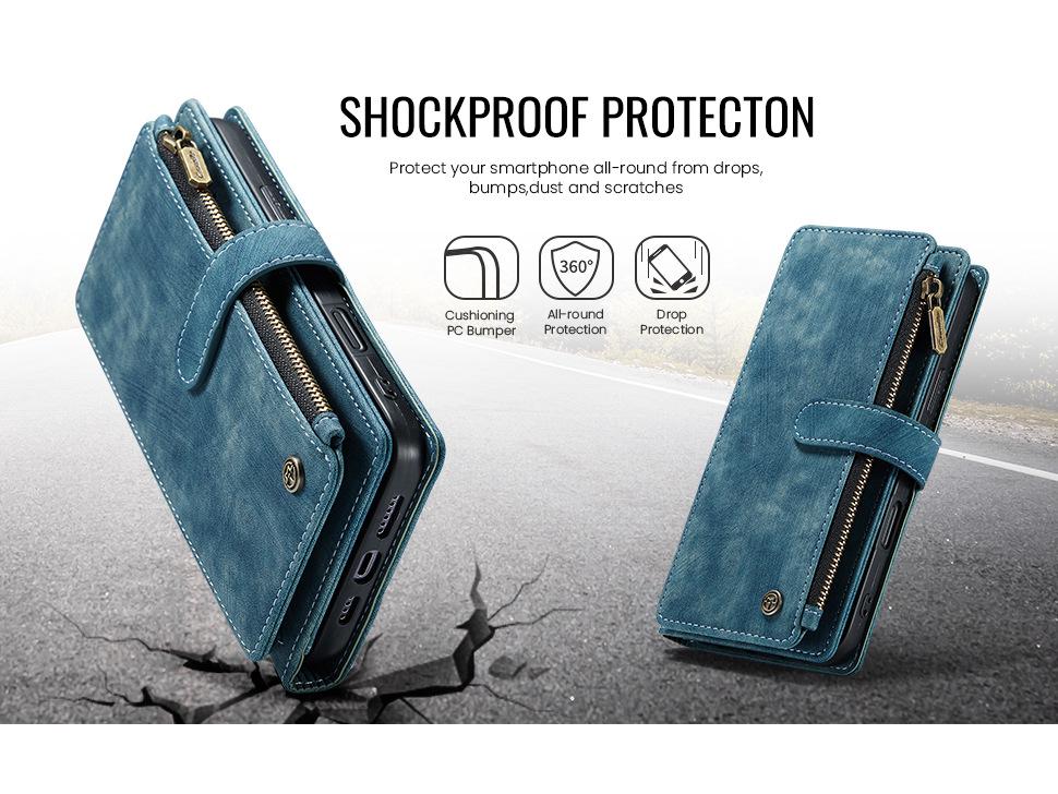 Кожаный чехол-кошелек для Apple 16 Pro Max с отделениями для нескольких карт, ремешком на руку и функцией подставки.