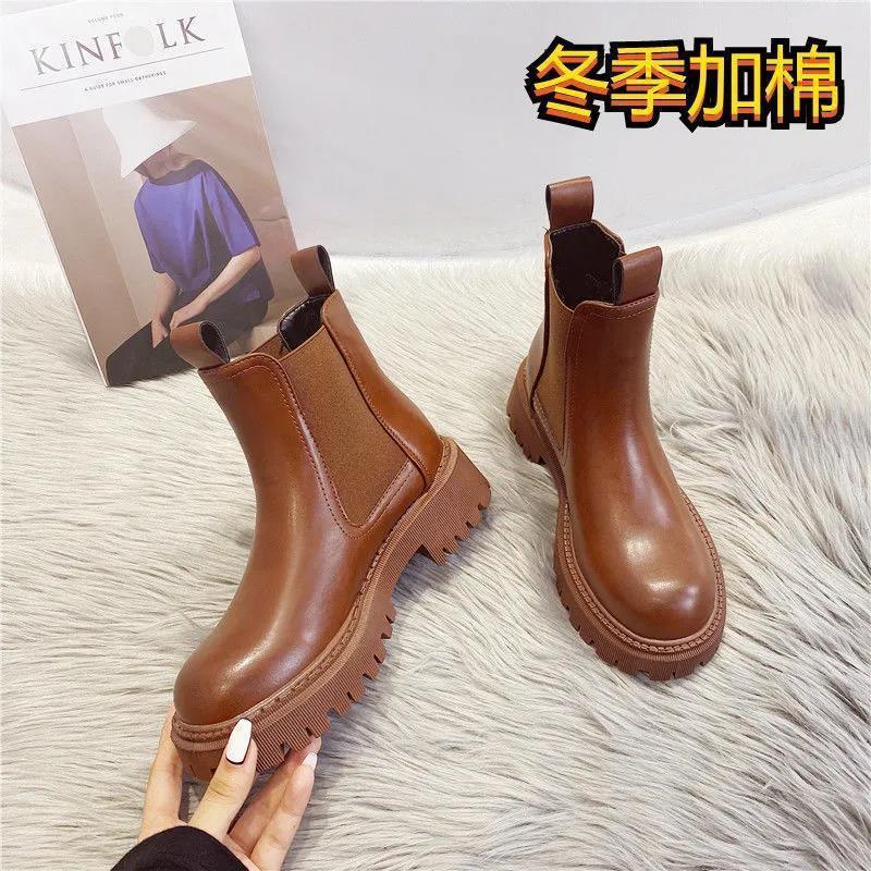 Ботинки Martin Boots женские 2025 осень и зима флис утолщенный низ взрывоопасные дымчатые чулки узкие короткие ботинки Chelsea