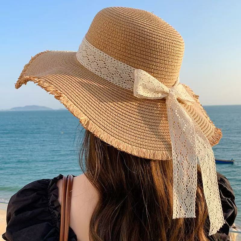 New bow lace straw hat women's summer seaside beach vacation sun hat large brim sun protection hat