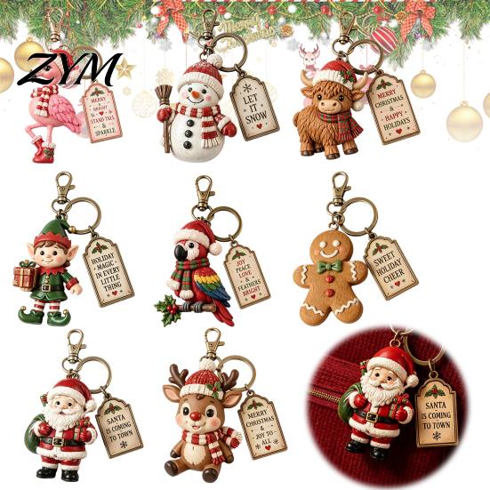 Backpack Pendant Decor Christmas Santa Claus Keychain, Cartoon Snowman Reindeer Elf Highland Cow Character Keychain Keyring, Xmas for Party
