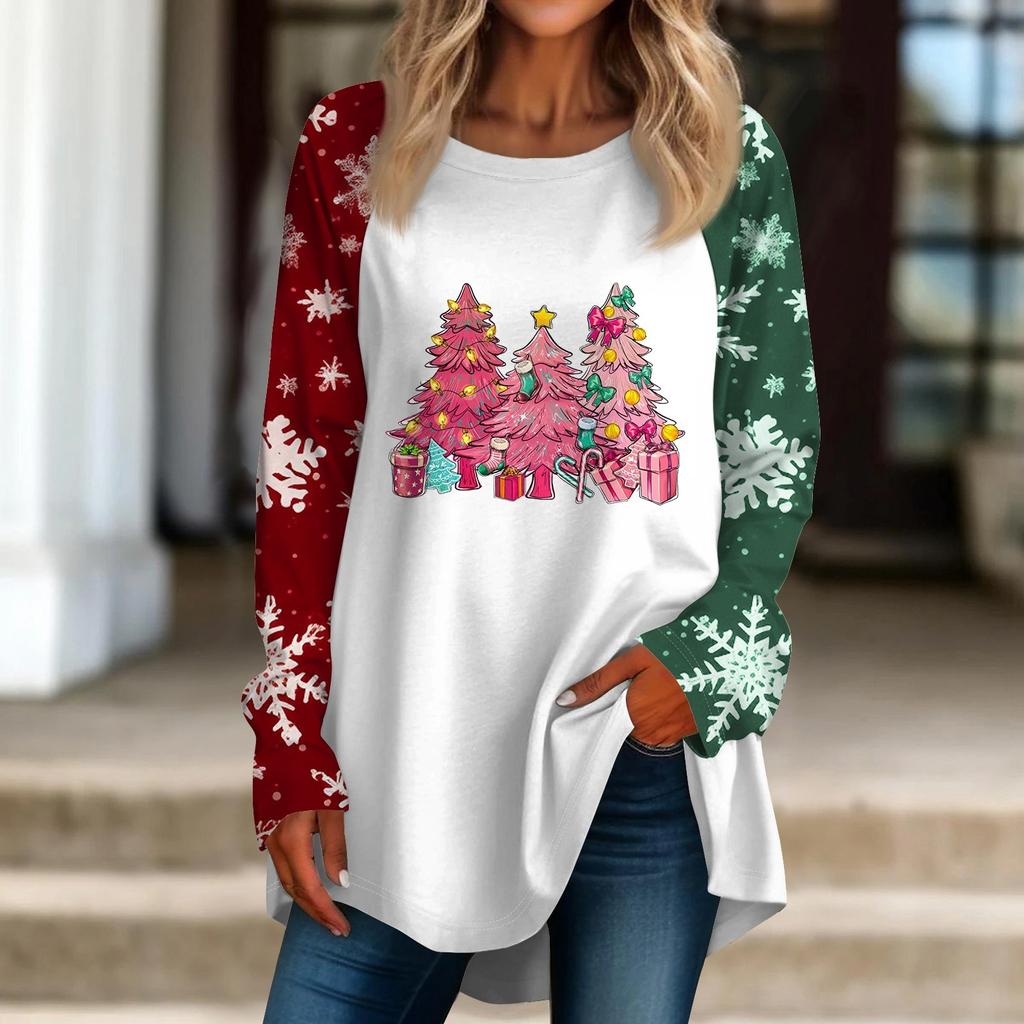 Women's Casual  Plus Size Long Sleeved Round Neck Christmas Printed T-shirt Top Pullover