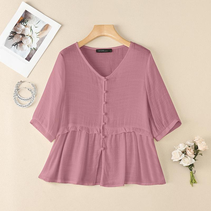 ZANZEA Женская повседневная летняя блузка с V-образным вырезом и коротким рукавом