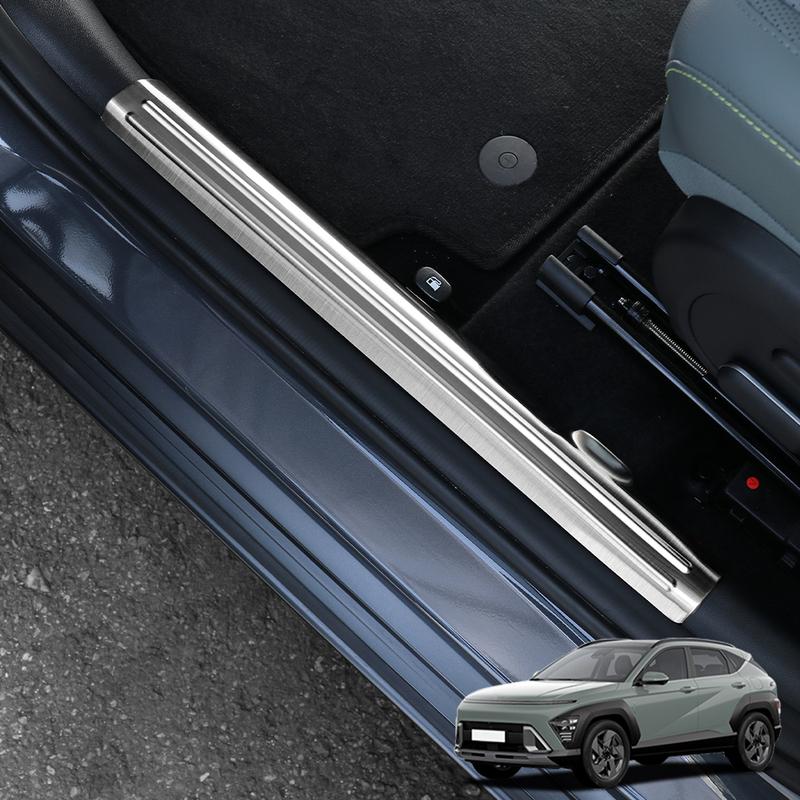 Car Interior and Exterior Door Sill Protectors Front and Rear Sill Guards Step Trim Strips Stainless Steel for Hyundai KONA SX2