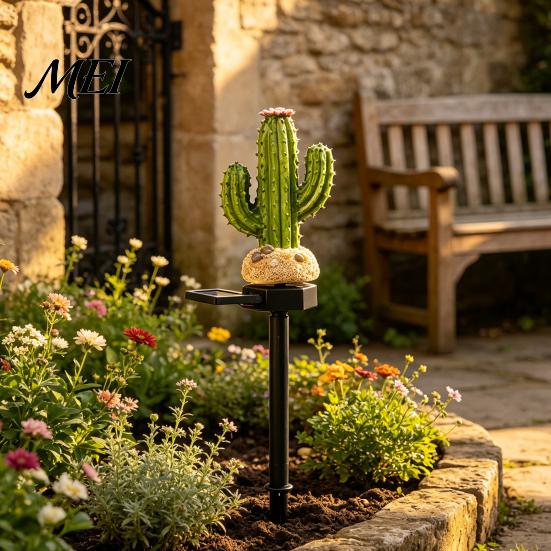 Weather Resistant Backyard Accents Solar Cactus Garden Light, Resin Pathway Waterproof Unique Gardening Gifts for Friends LED Light with Stake