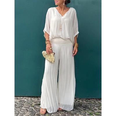 Женский летний однотонный свободный костюм для офиса, удобный свободный круглый вырез, футболка + брюки, комплект из 2 предметов