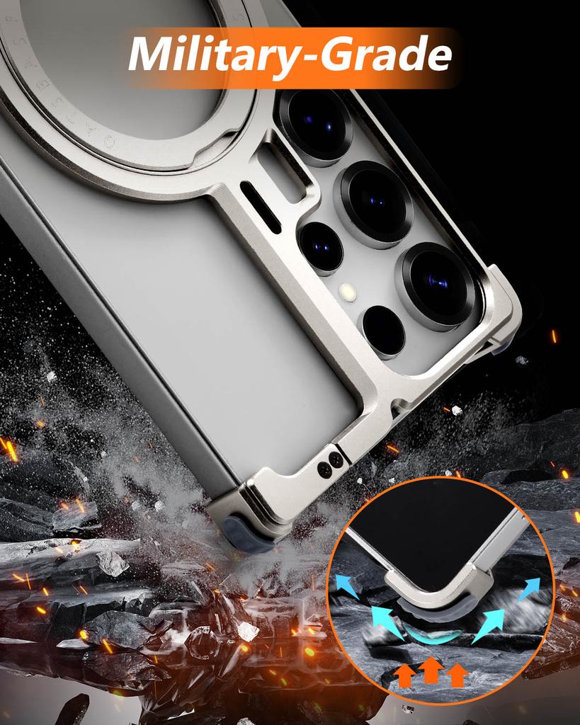 Oatsbasf Frameless Phone Case for Samsung Galaxy S25 Ultra with Ring Stand 360° Rotatable Magnetic Phone Cover Shockproof Bumper
