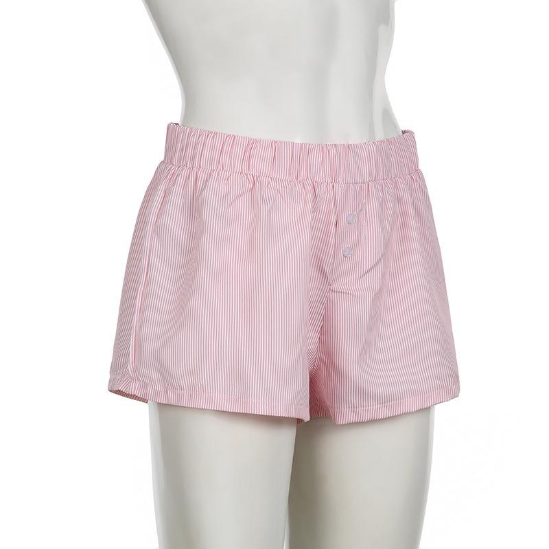 Fashion Summer Simple Striped Women Beach Shorts Loose Elastic Waist Sports Casual Short Pants Elegant Buttons Simple Basic Thin Women's Clothing