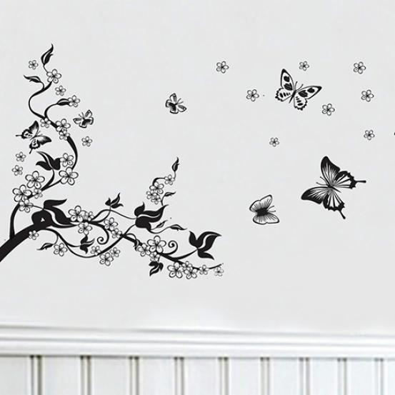 Черная цветочная бабочка цветок DIY винная наклейка на стену художественный декор настенная наклейка для комнаты MIT