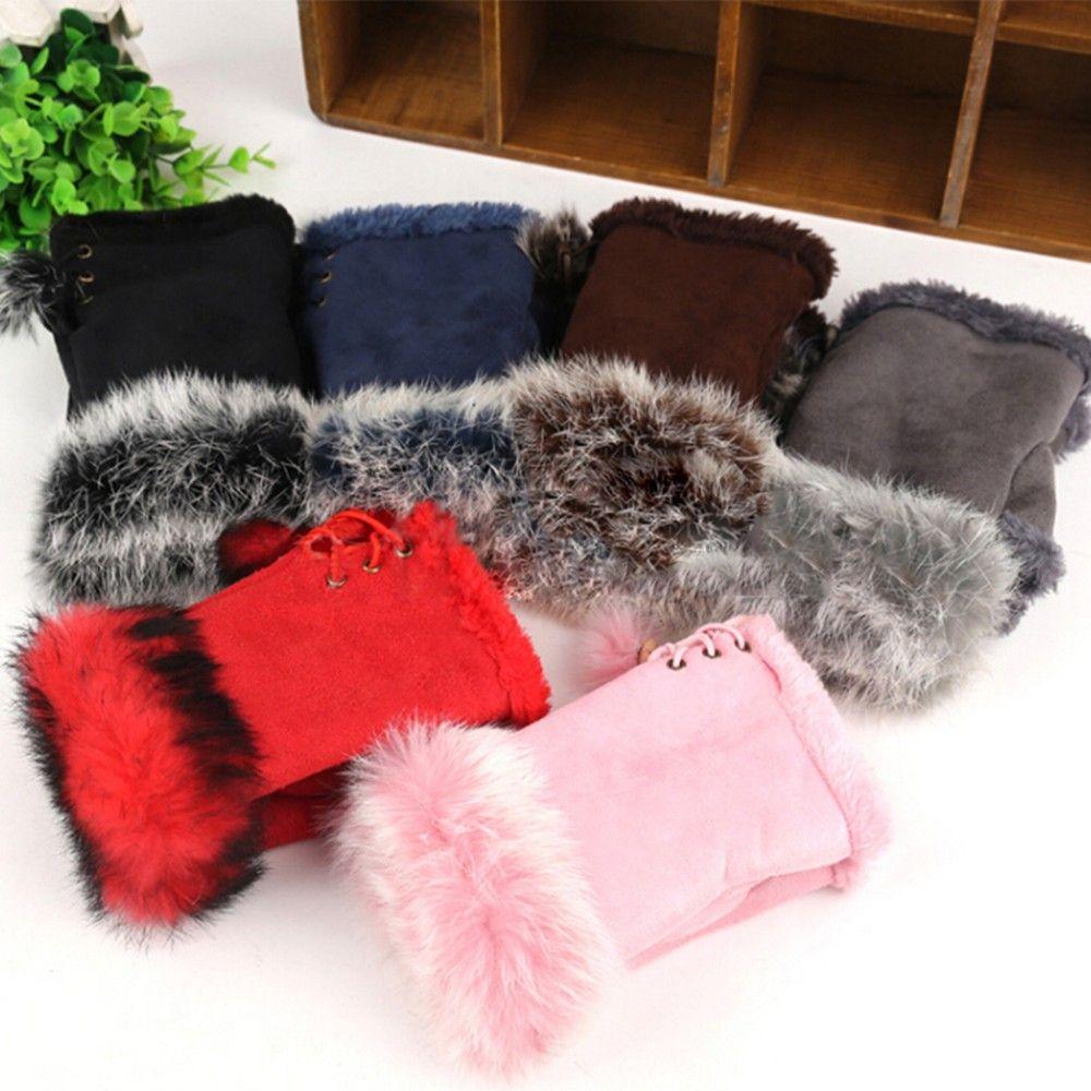 Girls Gift New Genuine Trim Color Wrist Winter Fashion Fingerless Women Gloves Rabbit Fur