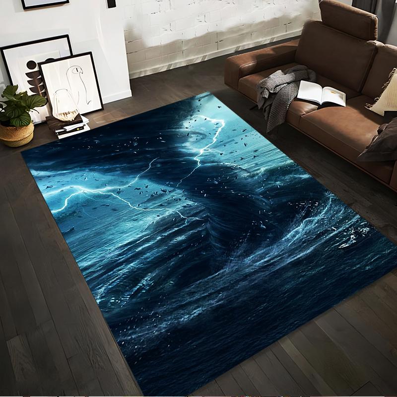 Ocean Storm Pattern Rug with Lightning and Dark Blue Waves Suitable for use as an anti-slip for living room bedroom sofas