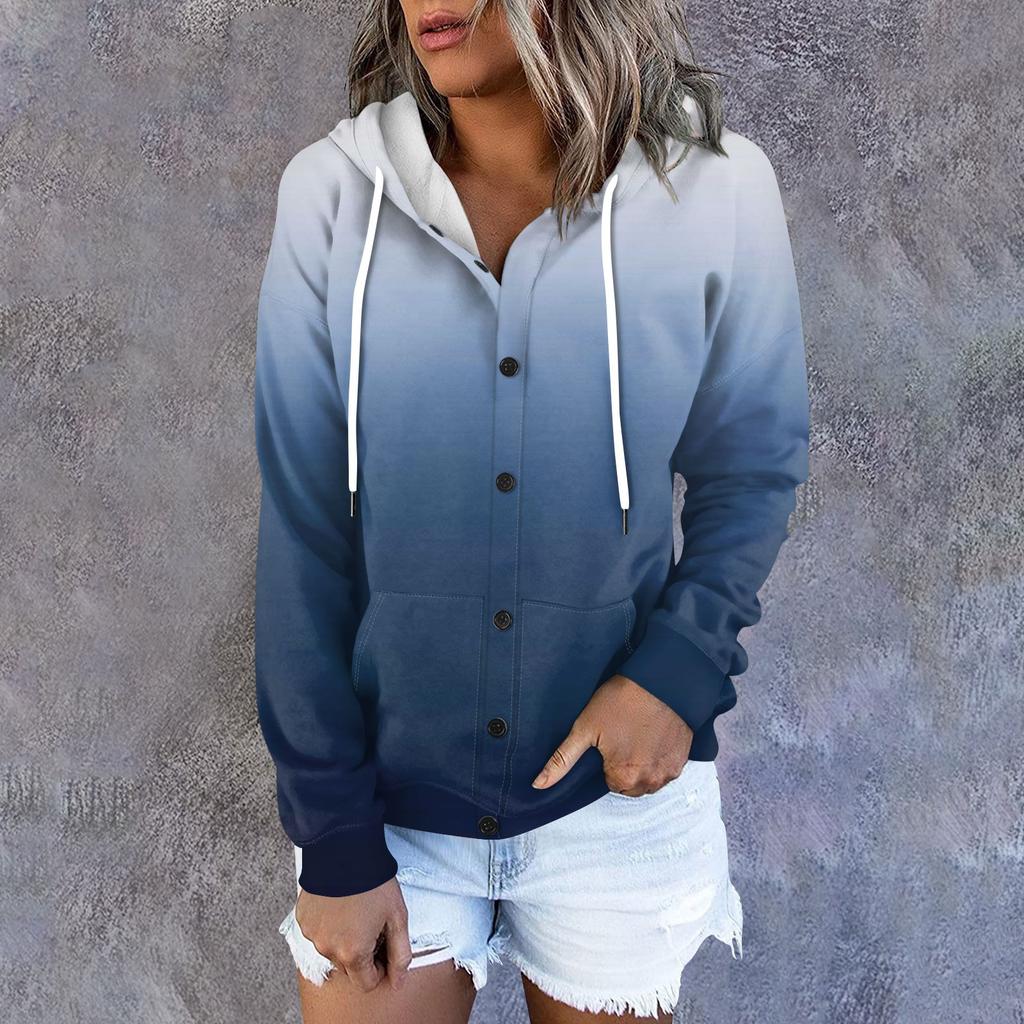 Women's Hoodie, Solid Color Gradient Printed Long Sleeved Loose Hooded Sports Jacket