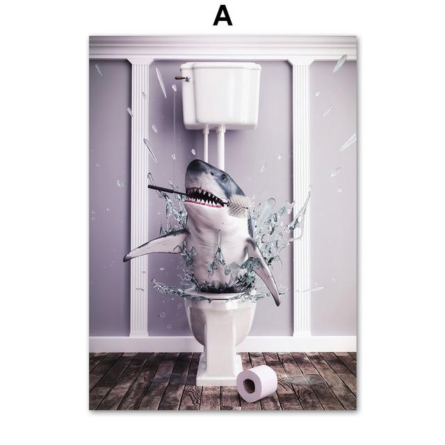 Юмор для ванной комнаты животное динозавр кролик акула лиса настенная живопись печать холст живопись ванна плакат настенные панно туалет домашний декор