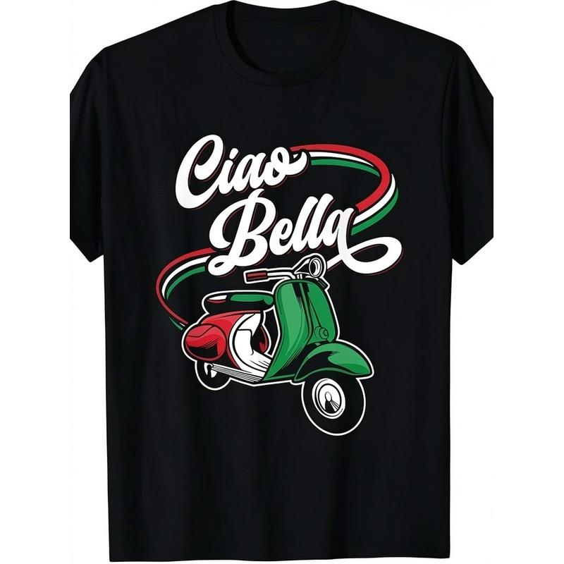 T-Shirt Featuring A Scooter, Moped, And The Italian Flag With The Phrase 'Ciao Bella'