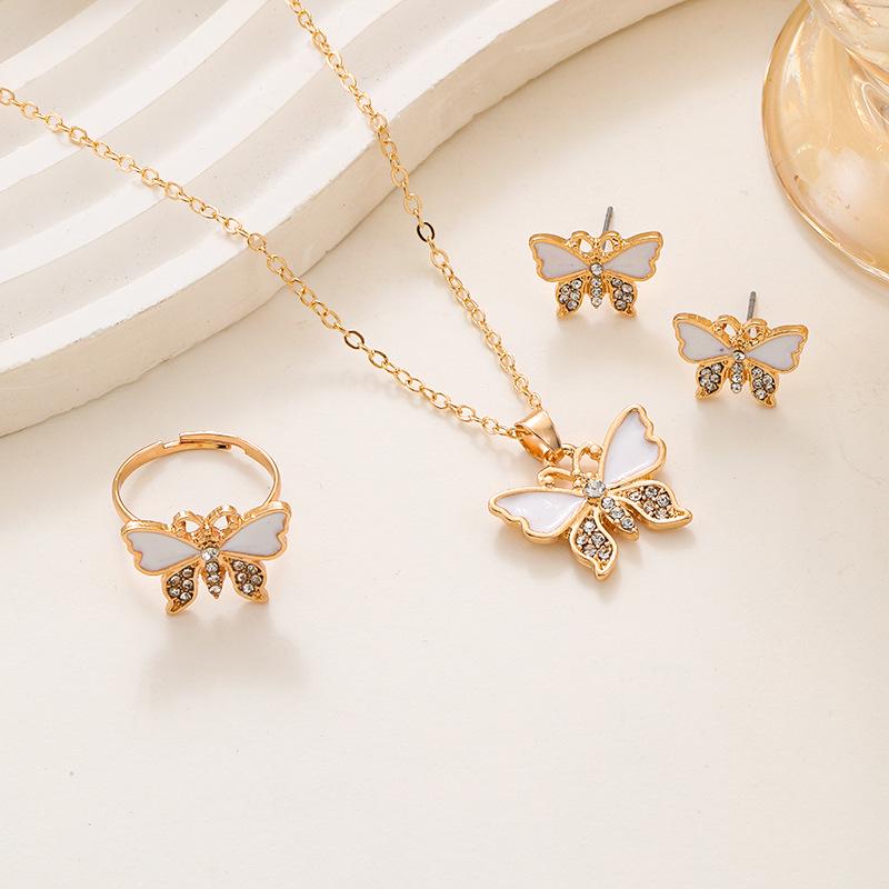 Elegant Diamond Butterfly Jewelry Set: Necklace, Ring & Earrings for Women