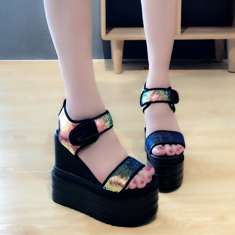 Мода 2025 лето новые корейские женские туфли с открытым носком на танкетке, женские сандалии на толстой подошве, римские туфли 13 см