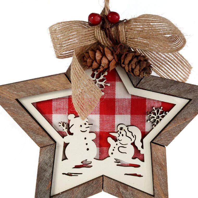 Wooden star 15 CM pendant With a picture of snowmen, red