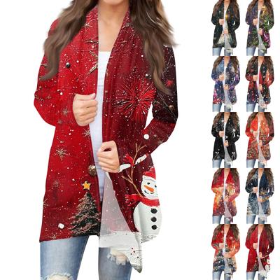 Женская мода повседневная рождественская печать средней длины кардиган куртка пальто