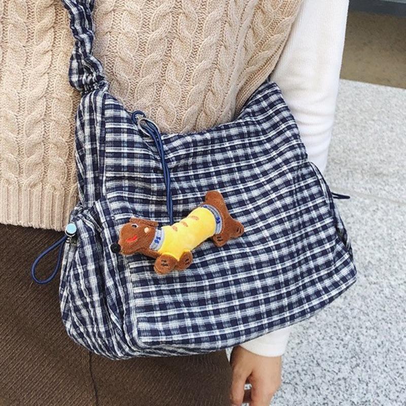 Vintage Pleated Plaid Moon Bag Fashion Canvas Bag Crossbody Dumpling Bag Niche Underarm Shoulder Bag