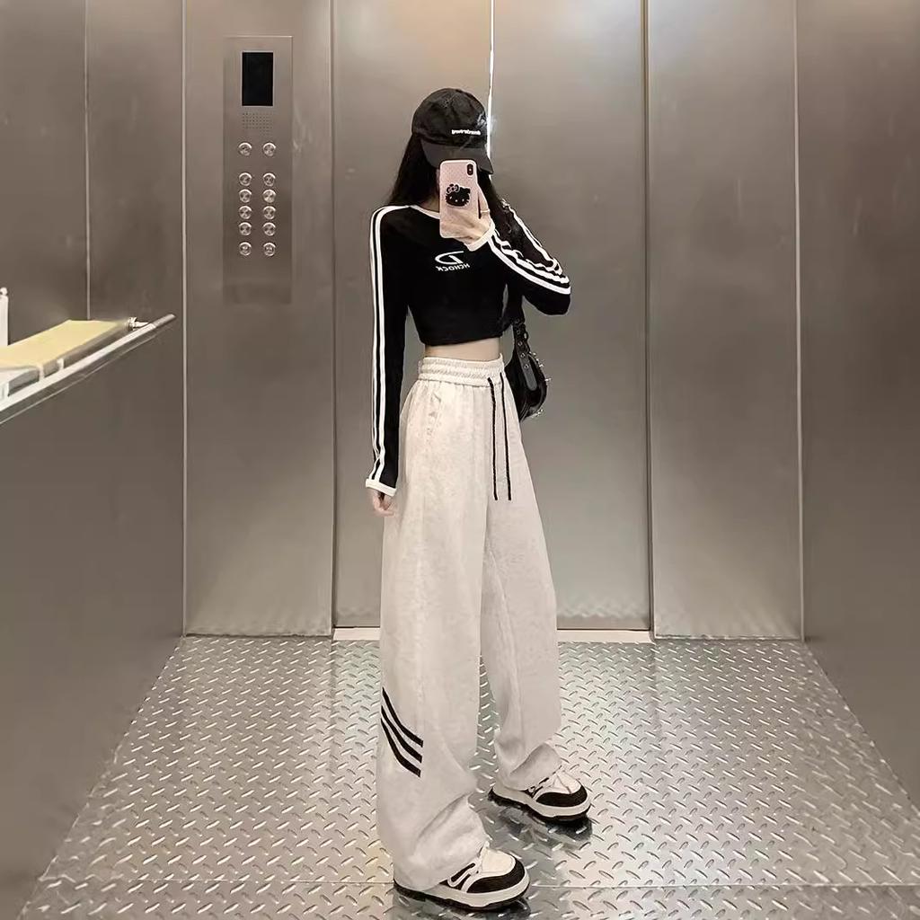 Autumn New Light Gray Casual Pants for Women Wide-leg Sweatpants Design Straight-leg Tying Sports Pants