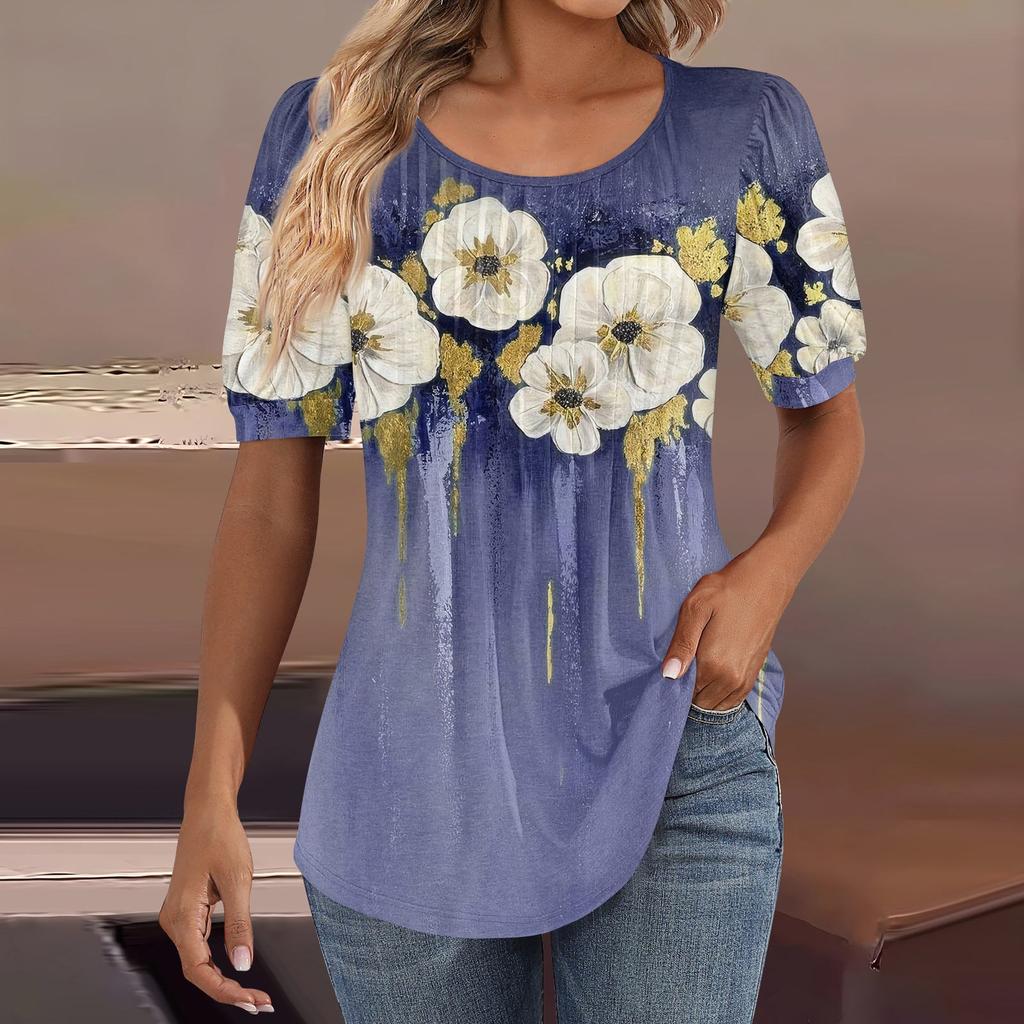 Женские пышные туники с короткими рукавами, топы, плиссированные блузки с воротником, повседневные свободные весенне-летние футболки