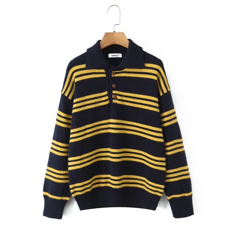 Oversized Polo Collar Knit Sweater With Retro Striped Colorblock Design Loose Fit Long Sleeve Fall Top