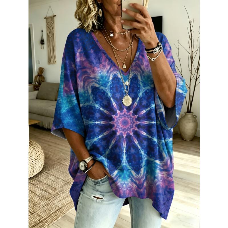 Bohemian Tie-Dye Kaleidoscope Print Batwing Sleeve T-Shirt, Loose V-Neck Drop Shoulder Short Sleeve, Casual Top for Daily Wear And Outings