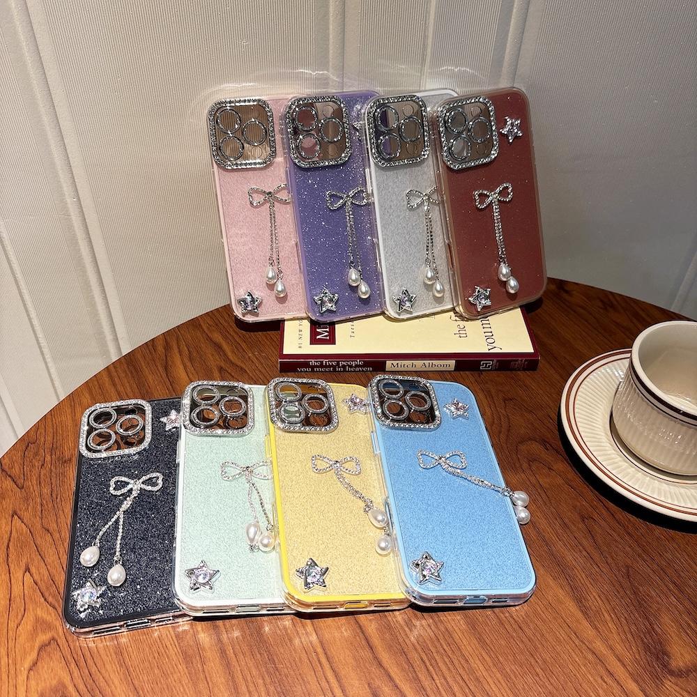Luxury Shinny Diamond Star Glitter Bow Case for iPhone 16 Pro Max 15 13 14 Plus 12 11 Pro Max Cute Shimmering Protective Cover