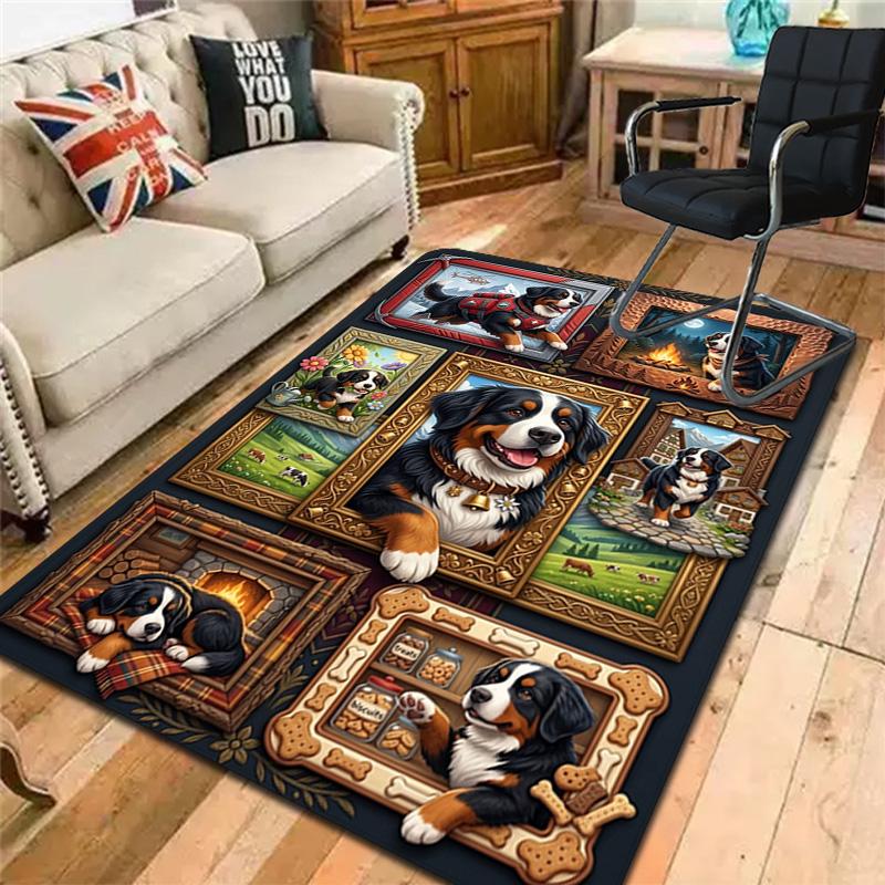 Bernese Mountain Dog Adventures Pattern Rug Floor Mat for Living Room or Bedroom Soft and Comfortable Carpet a Gift for Birthday and Holiday.