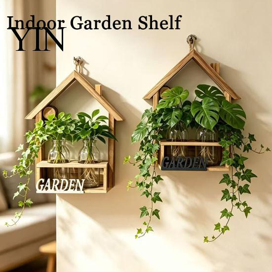 Small Green Plant Pot Wooden Wall Propagation Planter, Mounted Planter with Clear Glass Tubes for Vertical Display Hydroponic Plants, Shelf