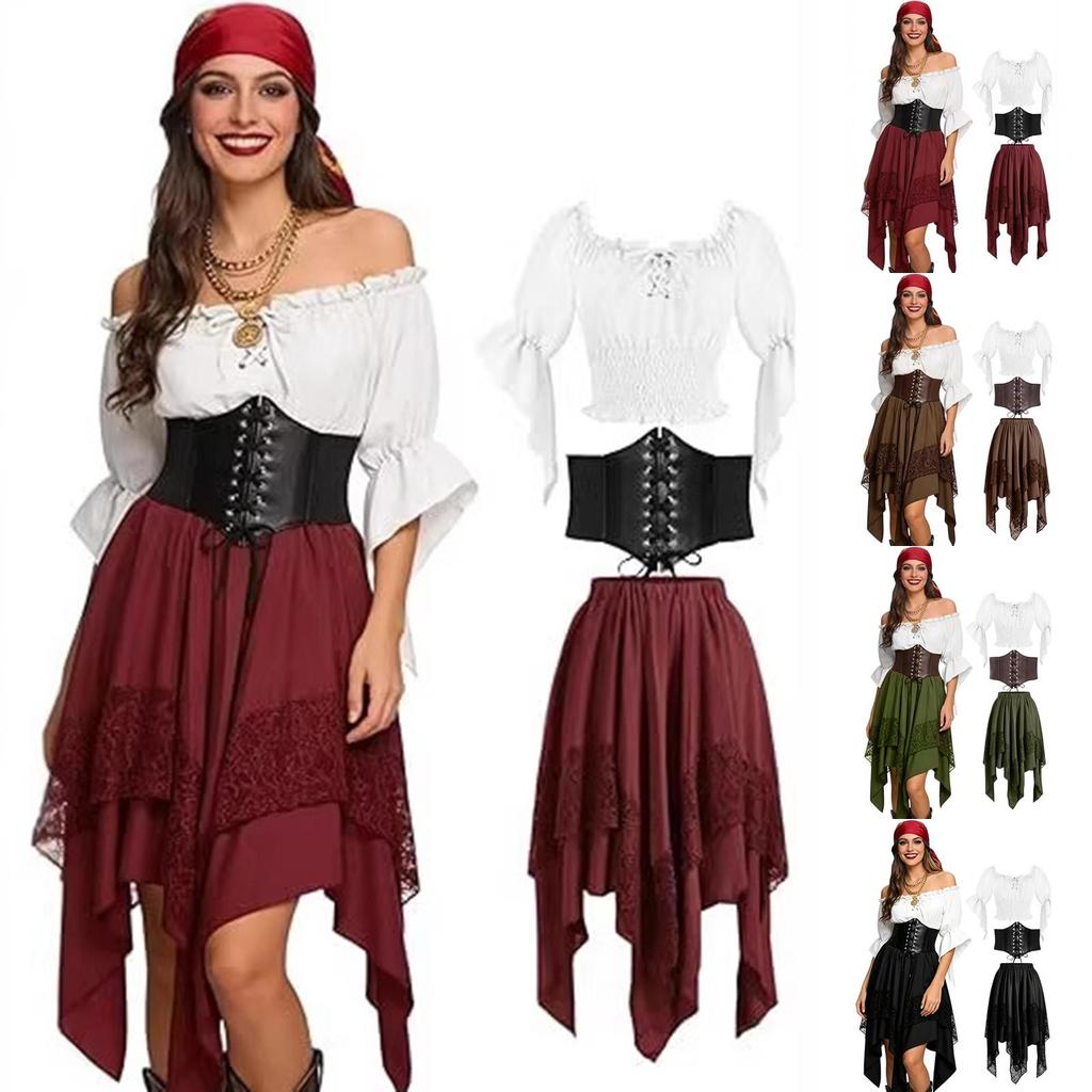 Lady's Halloween Renaissance-style silk dress (top + belt + half-length skirt)