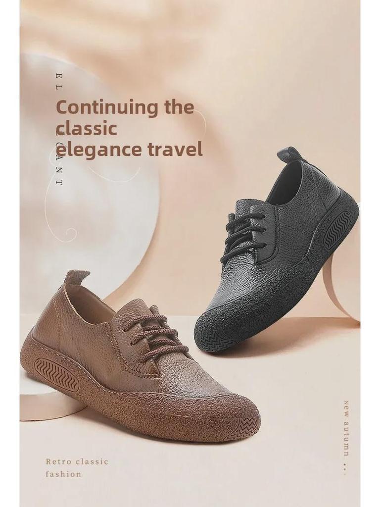 Женские кожаные туфли на шнуровке в стиле ретро — с круглым носком, мягкой подошвой, удобные повседневные туфли на плоской подошве для весны и осени