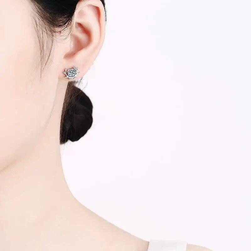 D цвет 1CT Муассанит серьги с рогами для женщин Роскошные рождественские серьги-гвоздики с изображением оленей в виде животных Рождественские серьги-гвоздики из стерлингового серебра ювелирные изделия в подарок