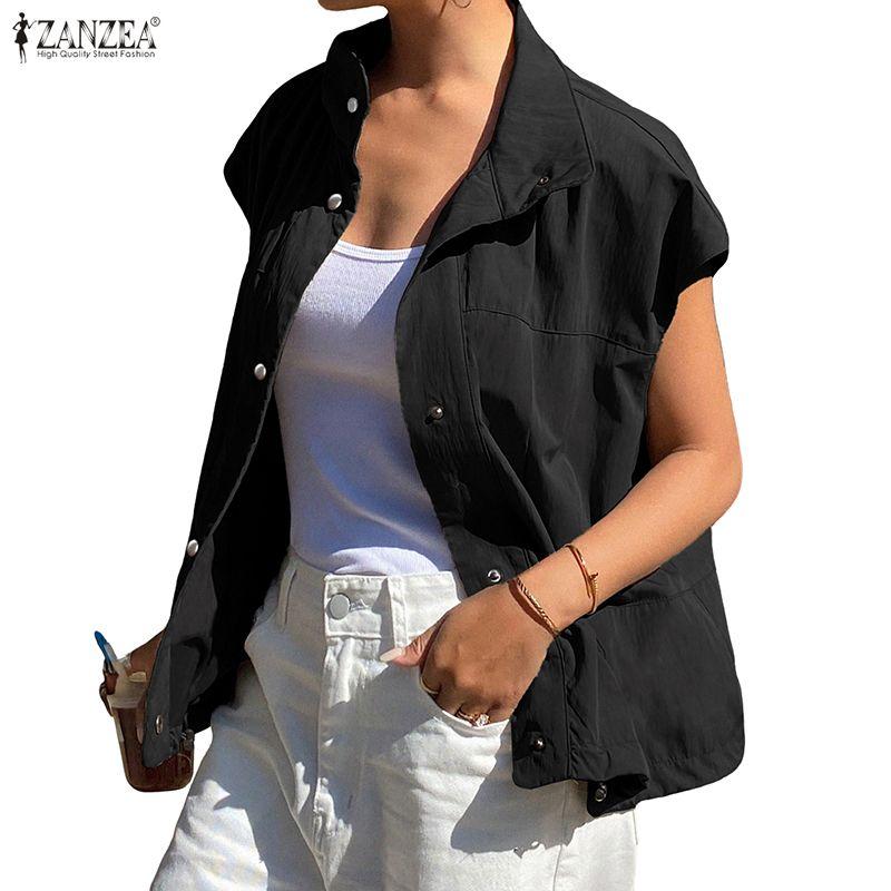 Women Casual Zanzea Collar Stand Loose Sleeveless Vest Tops