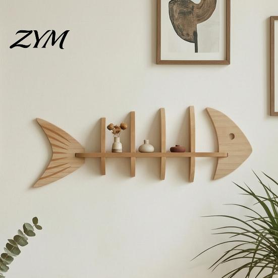 Makeup Brush Storage Organizer Fish Bone Rack, Wood Wall Mounted Floating Shelf, Ocean Style Punch Free Wooden Shelf Art Display for Bedroom Bathroom