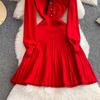 Spring Autumn Women College Stle Polo Color Full Sleeve Bowtie Knitted Sweater Mini Short Pullover Pleated Dresses