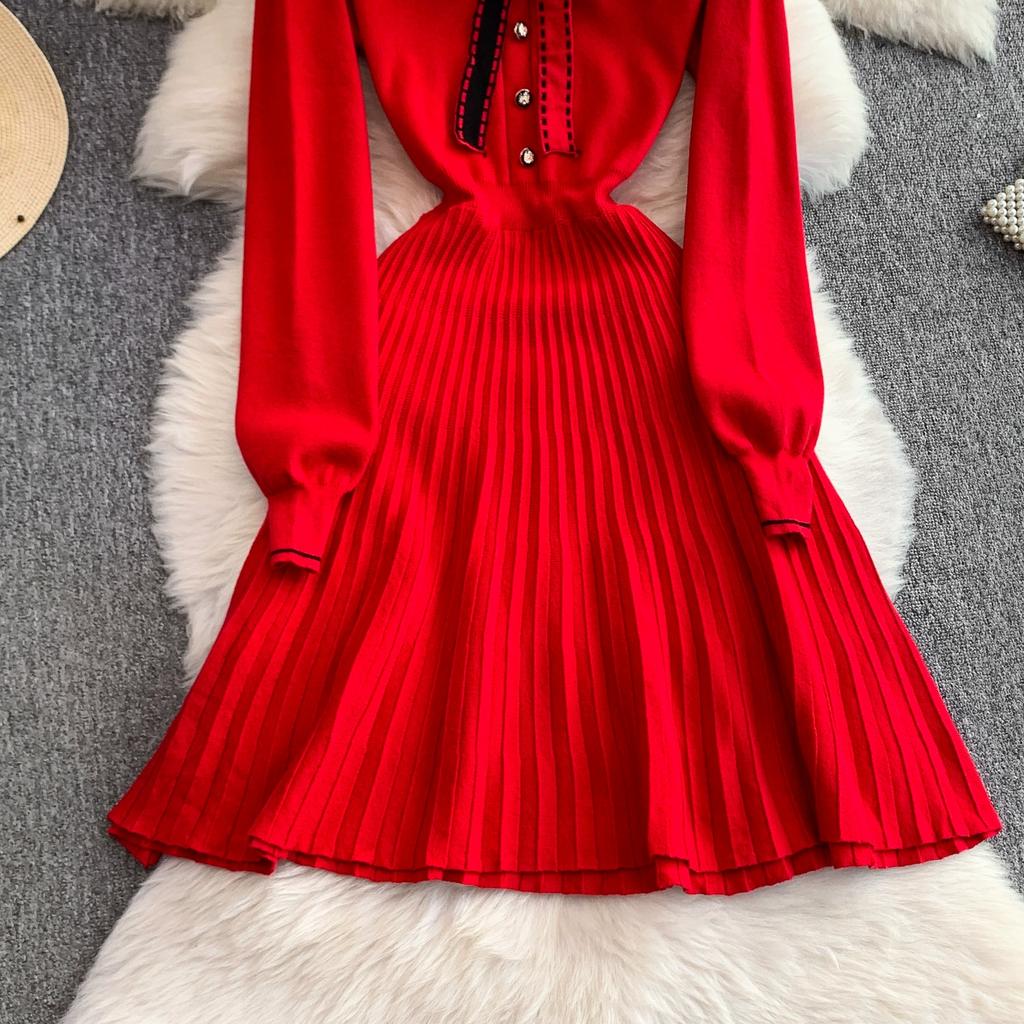 Spring Autumn Women College Stle Polo Color Full Sleeve Bowtie Knitted Sweater Mini Short Pullover Pleated Dresses