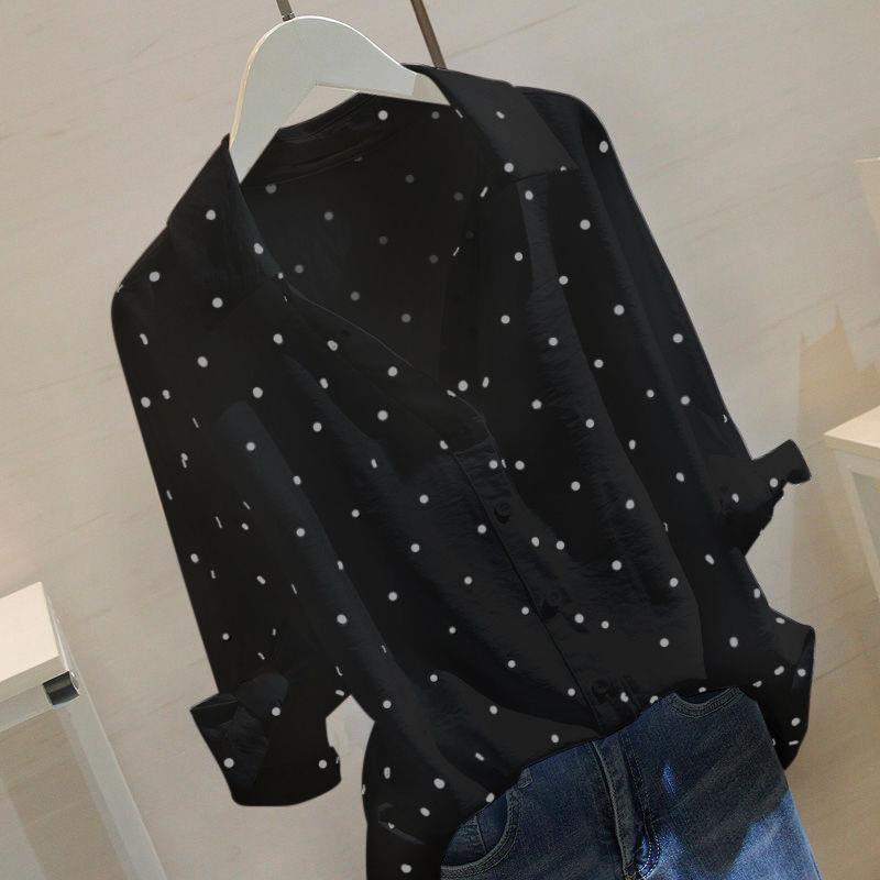 Women's Fashion Casual Spring Autumn Polka Dot Print Long Sleeve POLO Neck Blouses & Shirts