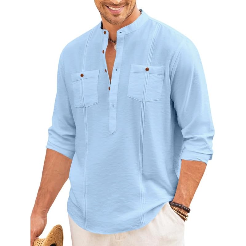 Macsivo Cotton Blend Solid Casual Short Kurta For Men Long Sleeve Mandarin Collar Stylish Shirt Kurta For Men Sky