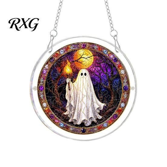 Retro Fairy Tale Hanging Sign Halloween Puzzle Ornament, Stained Glass Style Window Hangings, Acrylic Wall Moonlit Forest Pendant with Metal Chain for